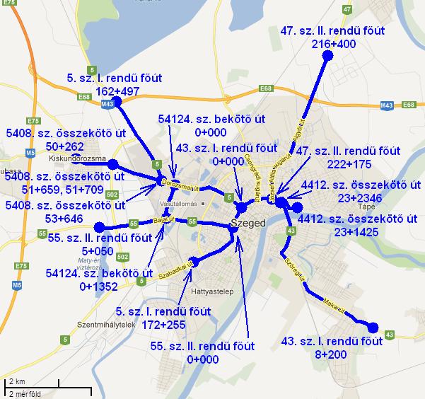 Zajtérképezett útszakaszok: 5. sz. I. rendű főút 162+497 172+255 km szelvény 43. sz. I. rendű főút 0+000 8+200 km szelvény 47. sz. II. rendű főút 216+400 222+175 km szelvény 55. sz. II. rendű főút 0+000 5+050 km szelvény 4412.