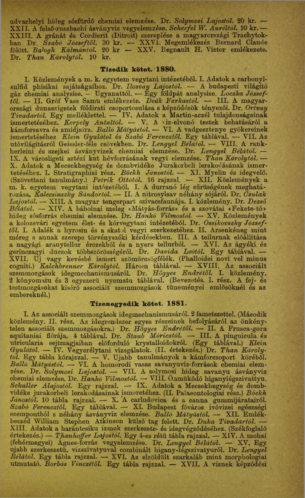 udvarhelyi hideg sósfürdő chemiai elemzése. Dr. Solymosi Lajostól. 20 kr. XXII. A felső*ruszbachi ásványvíz vegyelemzése. Scherf el W. Auréltól. 10 kr. XXIII.