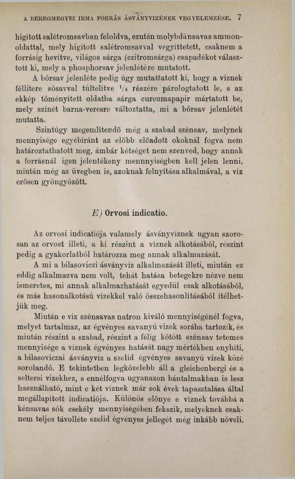 A BEREGMEGYEI IRMA FORRÁS ÁSVÁNYVIZÉNEK VEGYELEMZÉSE.