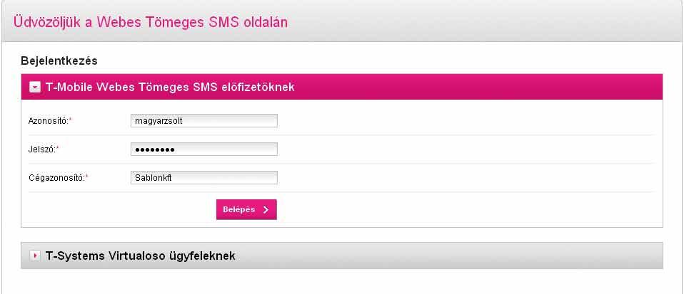 Belépés Az sms alkalmazás elérhetô a https://tsms.t-mobile.hu/web/loginaction.