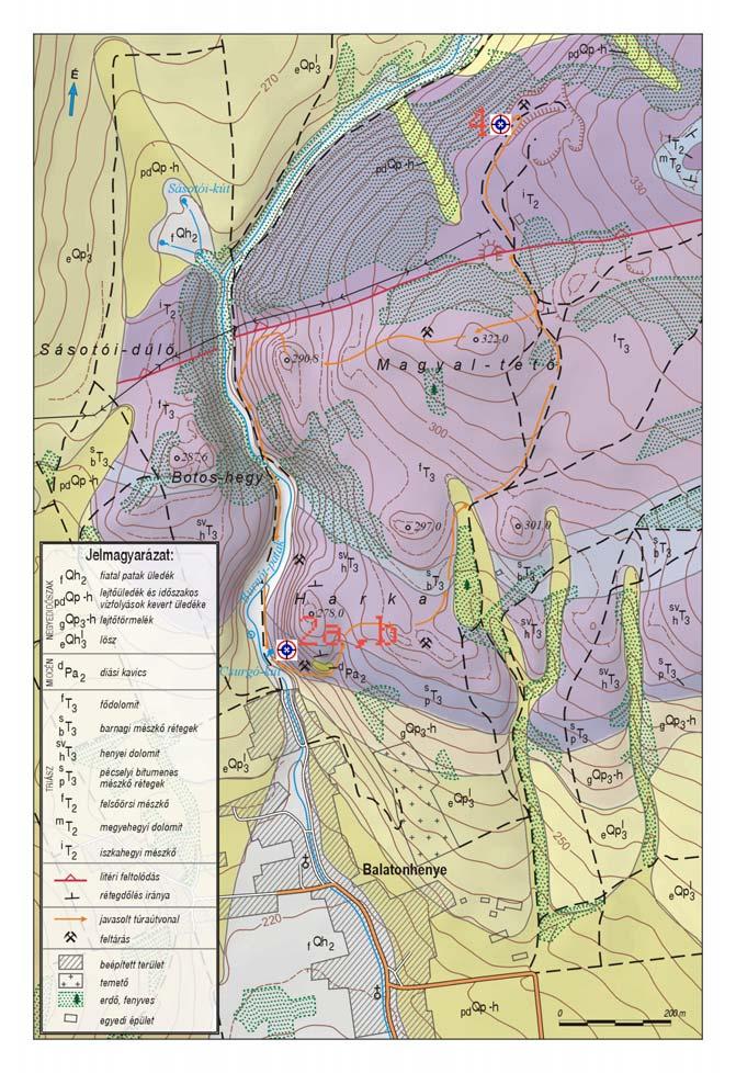 Csillag: Földtani természetvédelmi értékelés 93 30. ábra. Balatonhenye környékének földtani térképe (BUDAI et al. 2002) a 2. és 4.