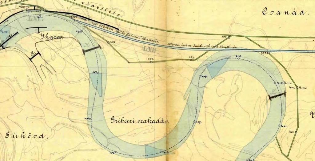 1821. között 4 átvágás létesült a Fadd - Mohács szakaszon. Az átvágások összes hossza 6500 m, az átvágott kanyarulatoké 40 km volt.