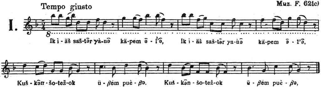 Finnugor nyelv versus török mongol népzene 1. példa: Bartók Béla A magyar népdal könyve Appendixének első példája: egy felső kvartváltó cseremisz dal.