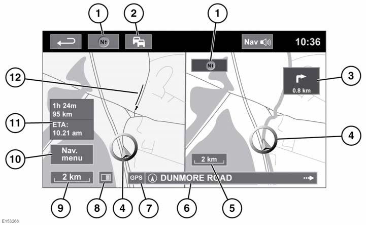 Navigációs rendszer OSZTOTT TÉRKÉP KÉPERNYŐ 1. Képernyő tájolása. Nyomja meg a következők kiválasztásához: észak felfelé, 2D vagy 3D stílus. 2. TMC (közlekedési információs csatorna) jele: átlós sáv jelzi, ha nincs jel.