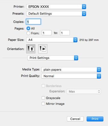 Nyomtatás 5. Jelölje ki a Nyomtatási beállítások lehetőséget a felugró menüből. Mac OS X v10.8.