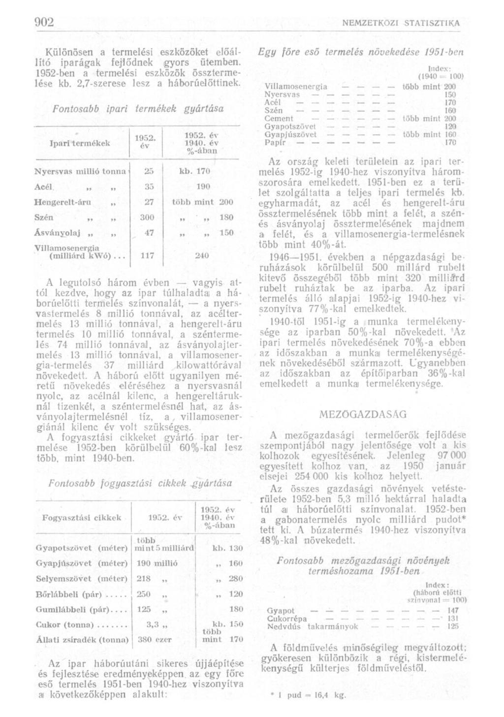 Különösen a termelési eszközöket előállító iparágak fejlődnek gyors ütemben. 1952-ben a termelési eszközök össztermelése kb. 2,7-szerese lesz a háborúelőttinek.