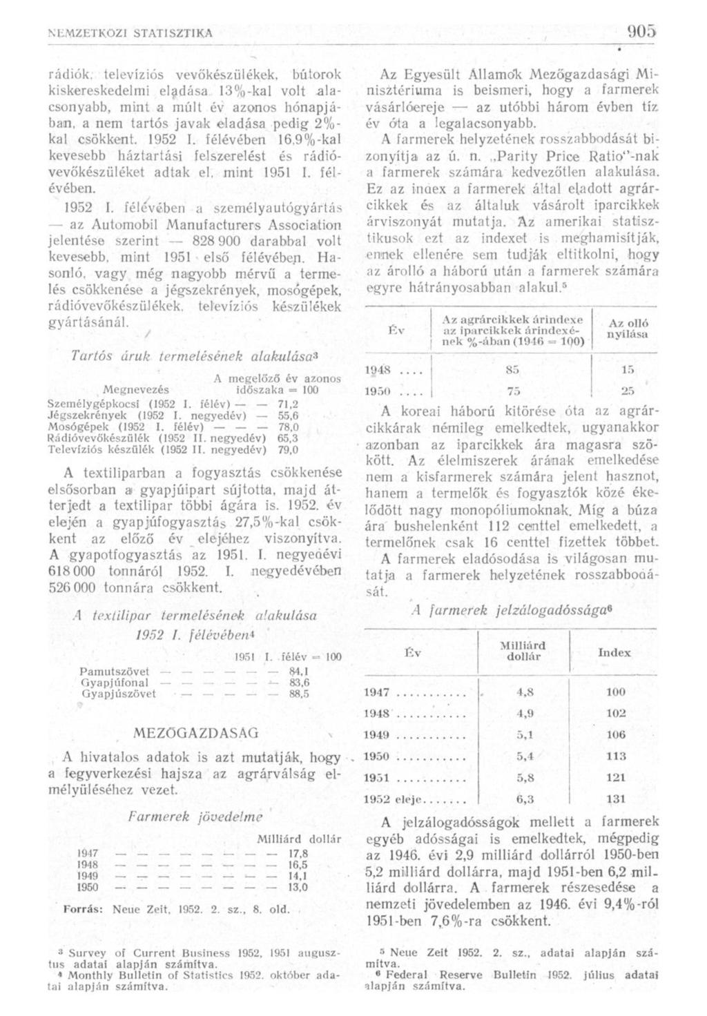 rádiók, televíziós vevőkészülékek, bútorok kiskereskedelmi eladása. 13%-kai volt alacsonyabb, mint a múlt év azonos hónapjában, a nem tartós javak eladása pedig 2%- kal csökkent. 1952 I.