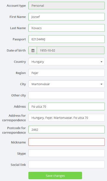 A menüben válaszd a Profile lehetőséget. Töltsd ki a mezőket a képen látható módon. Természetesen a saját, valós adataidat használd a kitöltéshez.