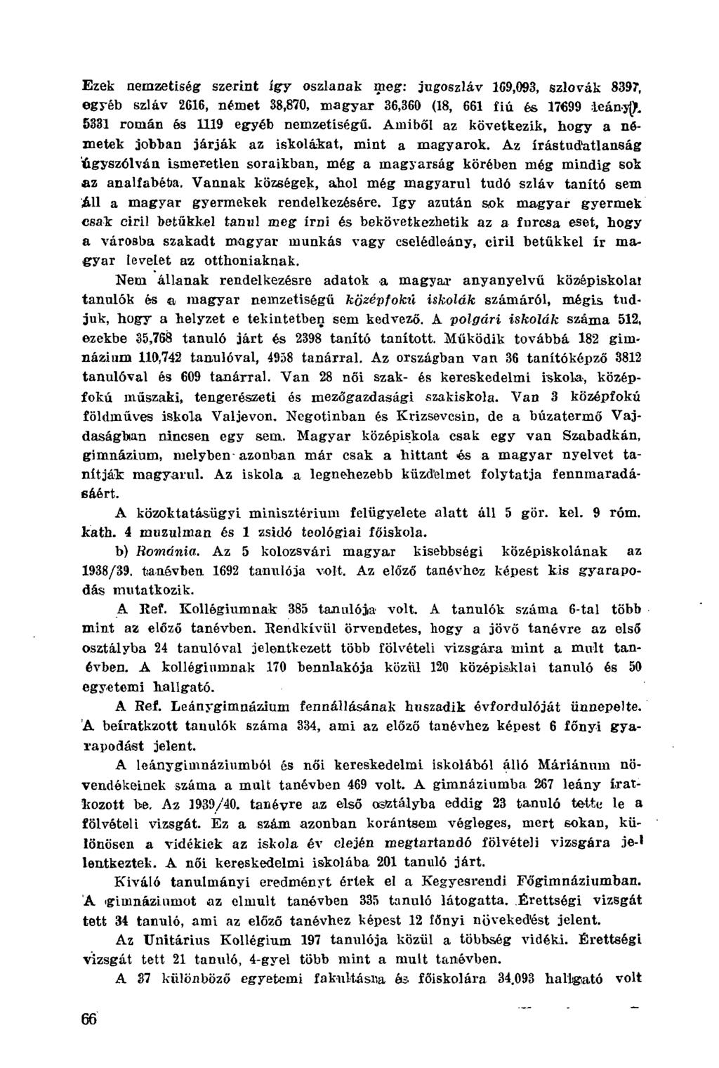 Ezek nemzetiség szerint így oszlanak meg: jugoszláv 169,093, szlovák 8397, egyéb szláv 2616, német 38,870, magyar 36,360 (18, 661 fiú és 17699 leány)). 5331 román és 1119 egyéb nemzetiségű.