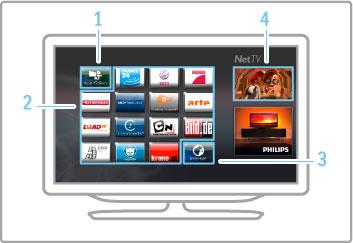 A Net TV kezd!lapja A Net TV megnyitásakor a F!menü jelenik meg. Az oldalra történ! navigáláshoz nyomja meg a u, a v, a w vagy a x gombokat.