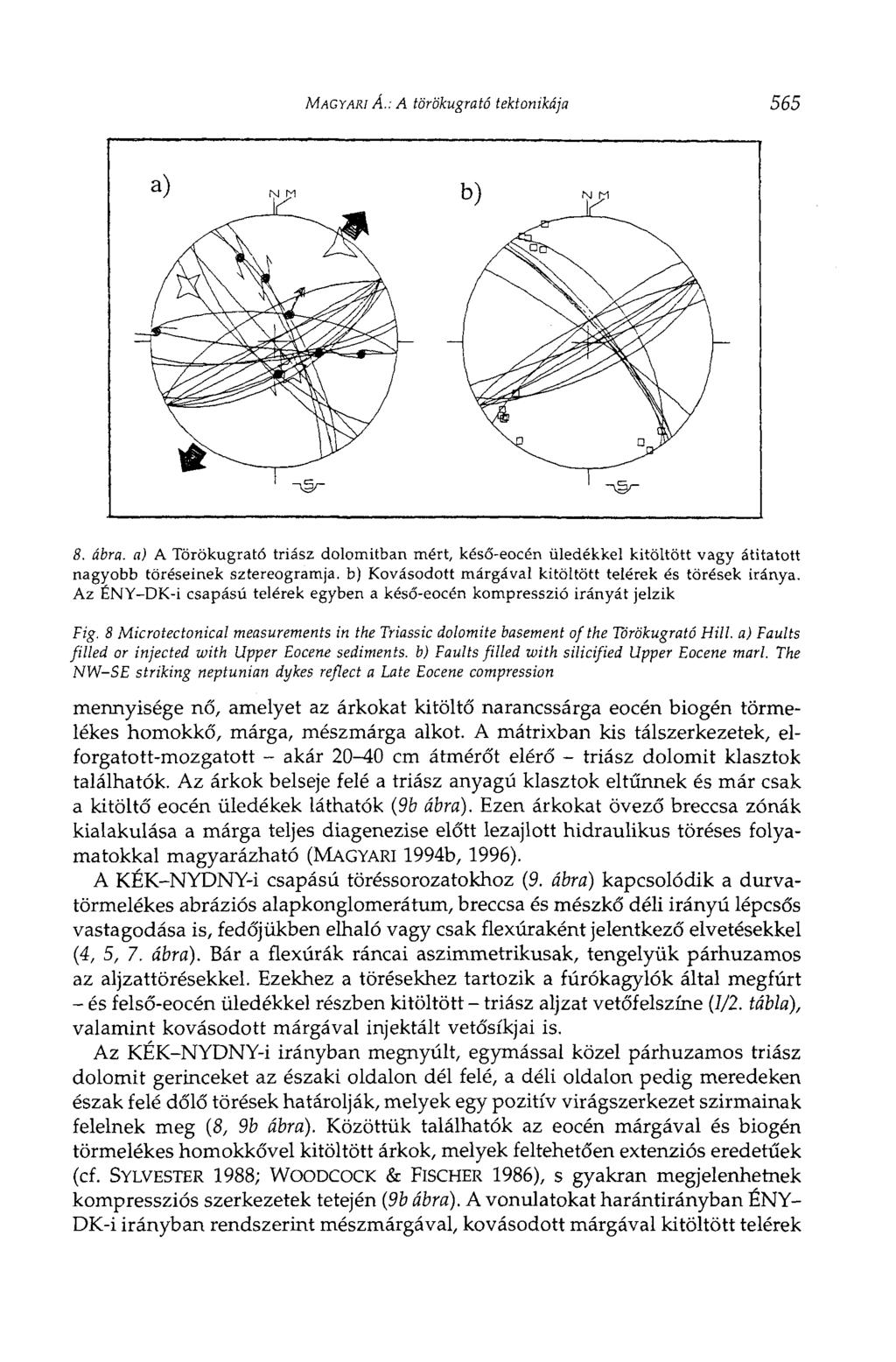MAGYARI Á.: A törökugrató tektonikája 565 8. ábra. a) A Törökugrató triász dolomitban mért, késő-eocén üledékkel kitöltött vagy átitatott nagyobb töréseinek sztereogramja.