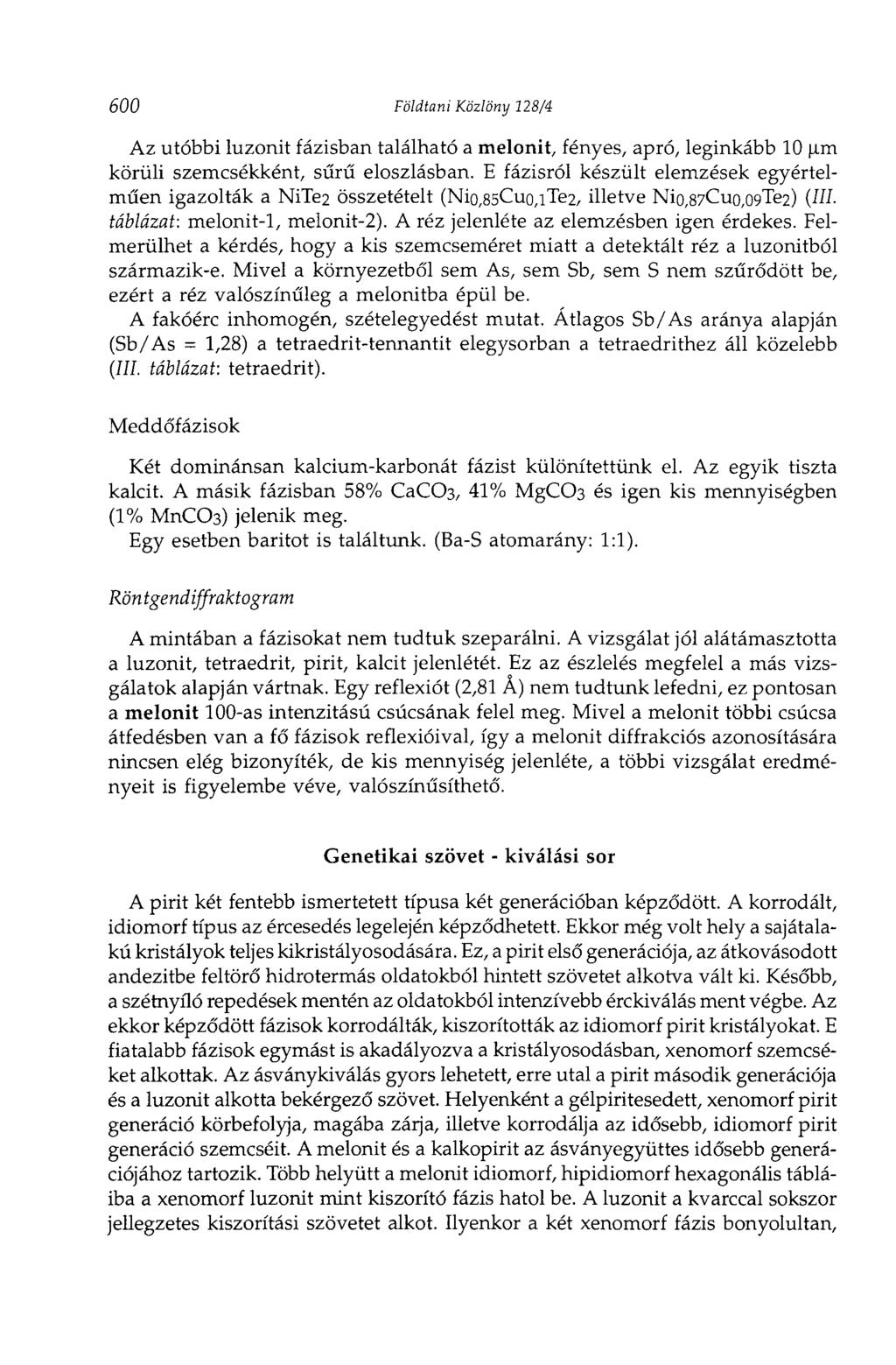 600 Földtani Közlöny 128/4 Az utóbbi luzonit fázisban található a melonit, fényes, apró, leginkább 10 um körüli szemcsékként, sűrű eloszlásban.