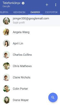 131 Emberek Emberek Saját partnerlista Az Emberek alkalmazás a HTC 10 készüléken tárolt összes névjegyet megjeleníti, illetve azokat is, amelyek olyan online fiókban találhatók, amelybe