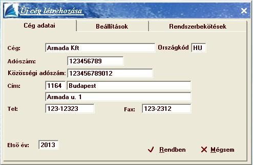 Cég létrehozása E menüpontban a "cég" programbeli létrehozásáról van szó. A Felhasználó itt vehet fel számítógépes nyilvántartásra cégeket. Egy céget 'életében' csak egyszer kell megnyitni.