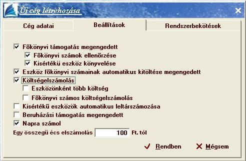 {Beállítások}fül Főkönyvi támogatás megengedett: E kapcsoló megjelölése, amely az 'Egér' kattintásával történik, akkor szükséges ha az automatikus átkönyvelést is használni szeretné.