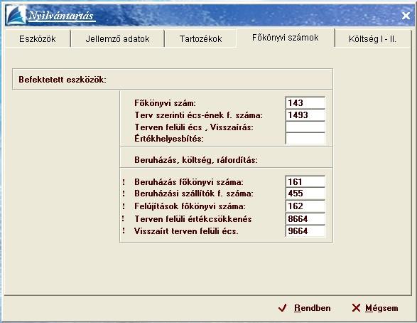 {Főkönyvi számok} fül E kapcsoló a nyilvántartott 'eszköz' -re vonatkozó főkönyvi számok beírására szolgál.