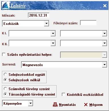 Leltárív Az előző menüpontban leírtakon kívül a Leltárív tartalmazza még a bizonylatszámot, iktatószámot, beszerzési értéket, főkönyvi számot, értékcsökkenés értékét és egyenlegét, illetve a nettó