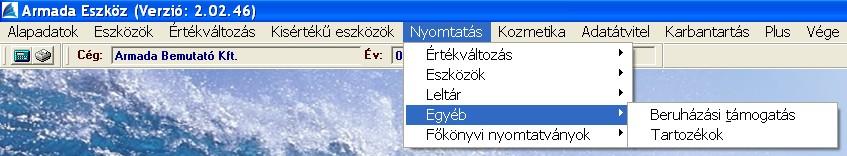 Egyéb E menüpont a következőket tartalmazza: Beruházási támogatás, Tartozékok.