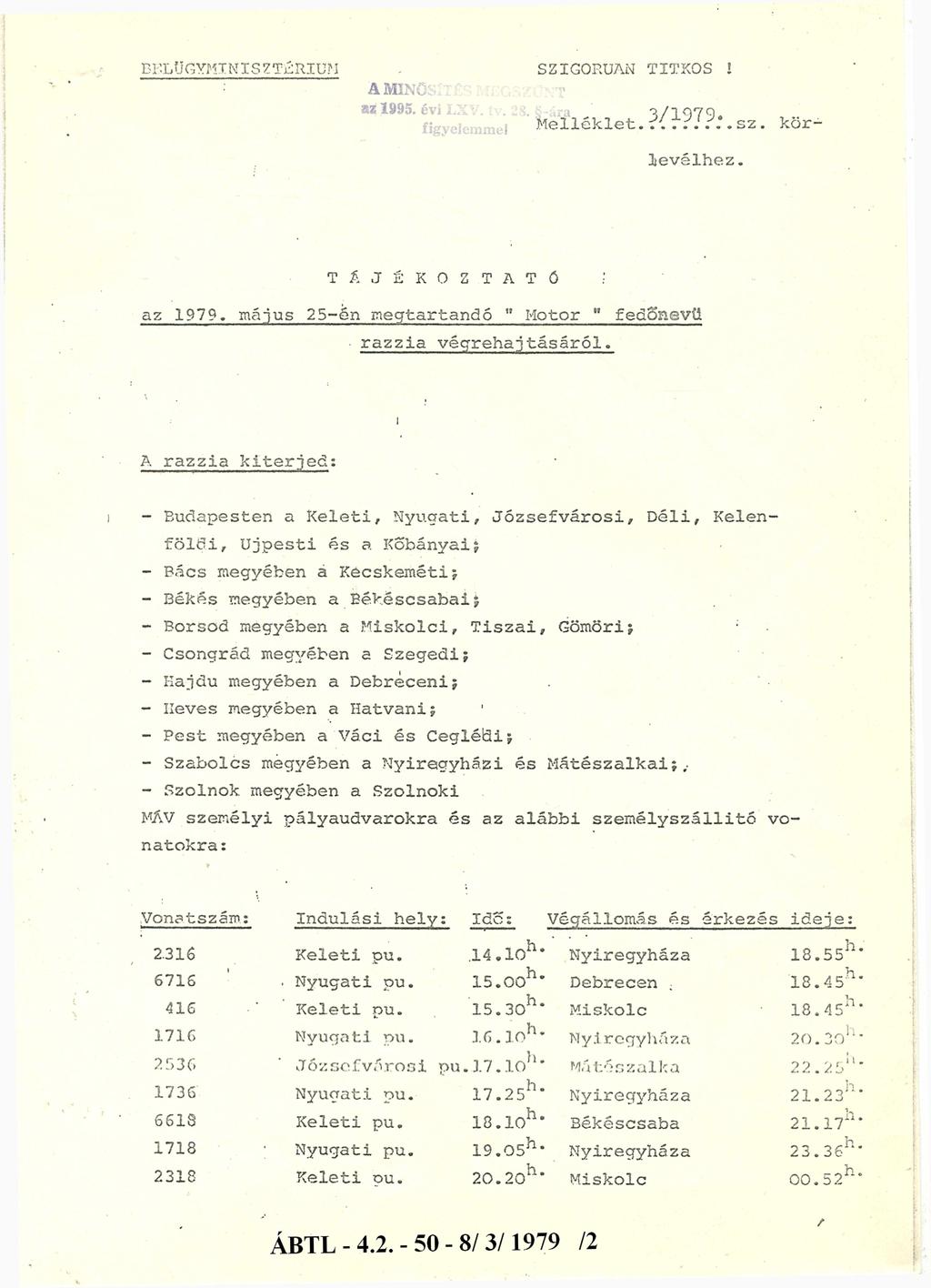 BELÜGYMINISZTÉRIUM. SZIGORÚAN TITKOS! A MINŐSÍTÉS MEGSZŰNT Melléklet 3/1979. sz. körlevélhez. T Á J É K O Z T A T Ó ; az 1979. május 25-én megtartandó " Motor " fedőnevü razza végrehajtásáról.