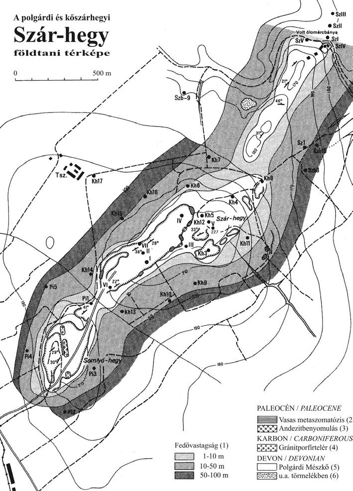 8 Szakáll Sándor 1. ábra. A Szár-hegy (és Somlyó-hegy) földtani térképe (Fülöp, 1990 után). Fig.