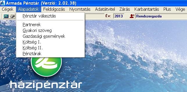 Alapadatok E menüpont az alábbiakat tartalmazza: Pénztár választás, Partnerek, Gyakori szöveg,