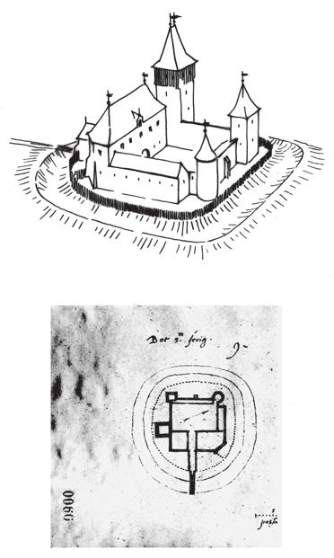 6 Botszentgyörgy (Nagykanizsa-Miklósfa), Somogy m. (Zala m.) Felül a szerző rekonstrukciós rajza, alatta Giulio Turco 1572. évi rajza (KÖH Tervtár 14.964. lsz.