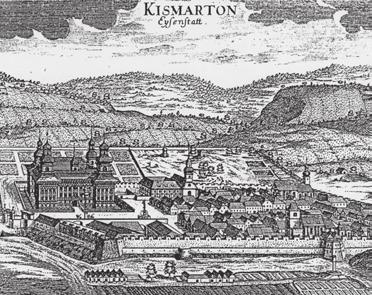 62 Kismarton (Eisenstadt, A.), Sopron m. 1663 előtti tervrajz a kastély keresztmetszetéről (HolzScHucH 1995, 148) osztópillérein szobrokkal.