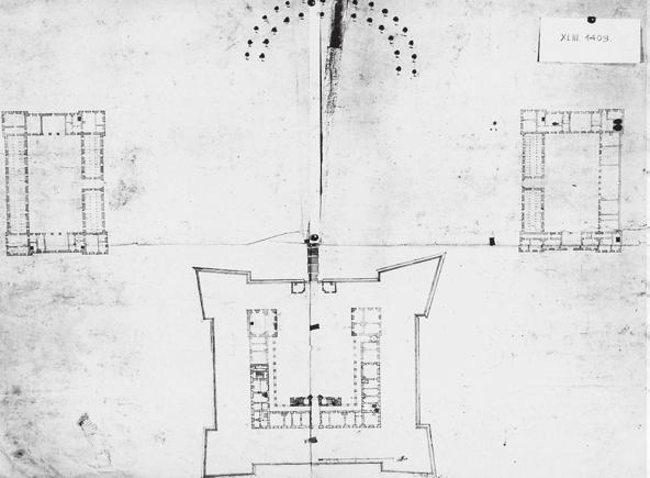 68 Köpcsény (Kittsee, A.), Moson m. Anton Erhard Martinelli tervrajza, a lap közepén a kastély alaprajzával, kétoldalt az 1730 körül tervezett melléképületekkel (Mol T. 2. Hg. Esterházy-lt. XlIII.