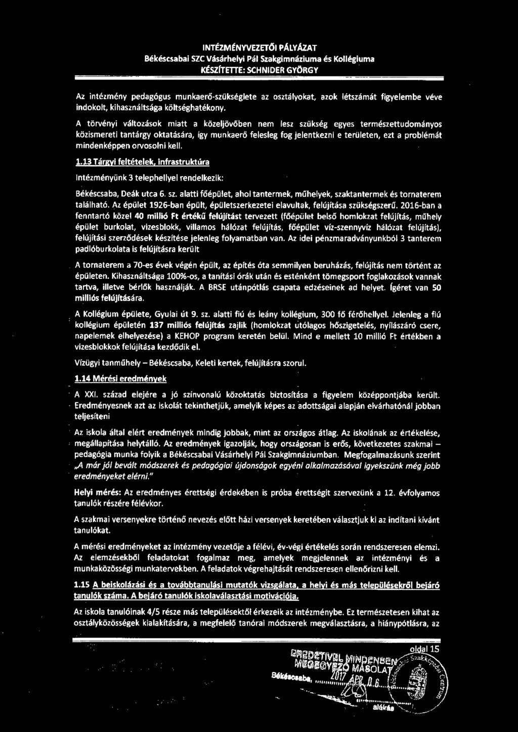INTÉZMÉNYVEZETŐI PÁLYÁl.AT Békéscsabai SZC Vásárhelyi Pál Szakgimnáziuma és Kollégiuma KÉSZÍTITTE: SCHNIDER GYÖRGY.