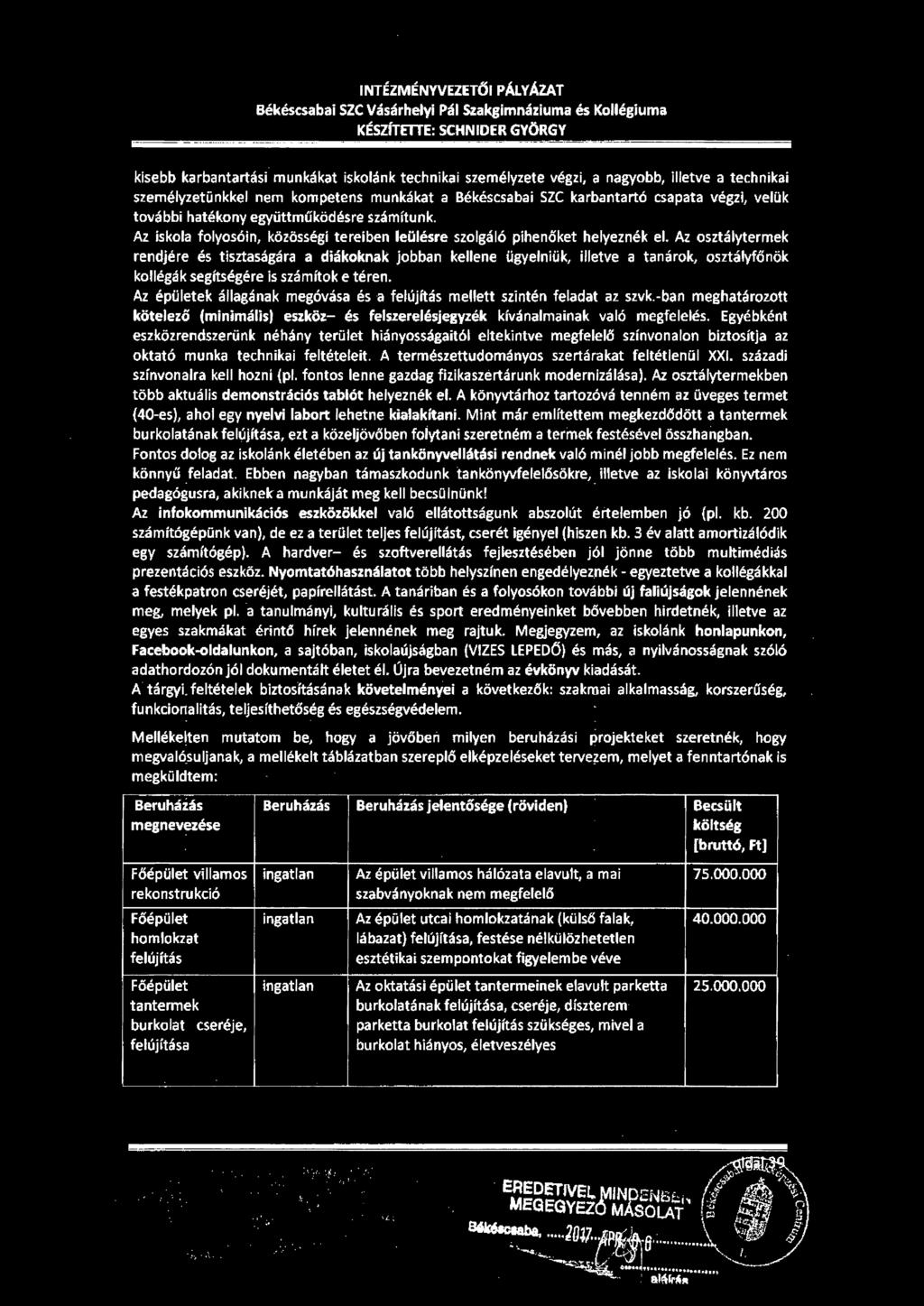 INTÉZMÉNYVEZETŐI PÁLYÁZAT Békéscsabai SZC Vásárhelyi Pál Szakgimnáziuma és Kollégiuma KÉSZÍTElTE: SCHN IDER GYÖRGY kisebb karbantartási munkákat iskolánk technikai személyzete végzi, a nagyobb,