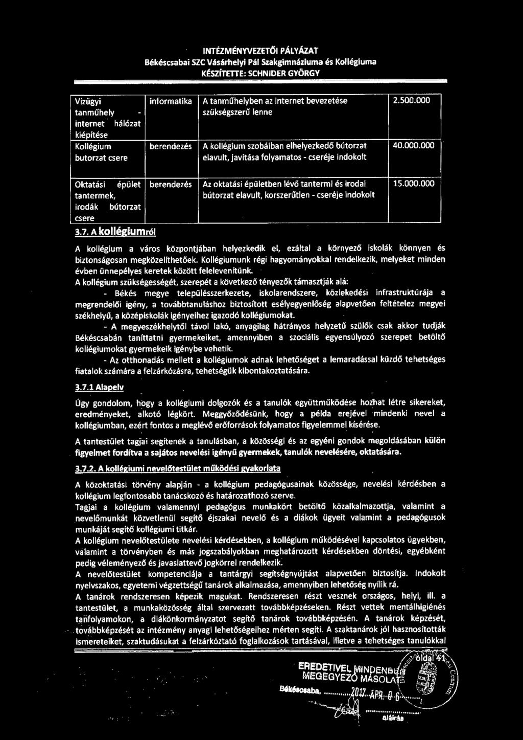 INTÉZMÉNYVEZETŐI PÁLYÁZAT Békéscsabai SZC Vásárhelyi Pál Szakgimnáziuma és Kollégiuma KÉSZÍTETTE: SCHNIDER GYÖRGY Vízügyi tanműhely - internet hálózat kiépítése Kollégium butorzat csere informatika