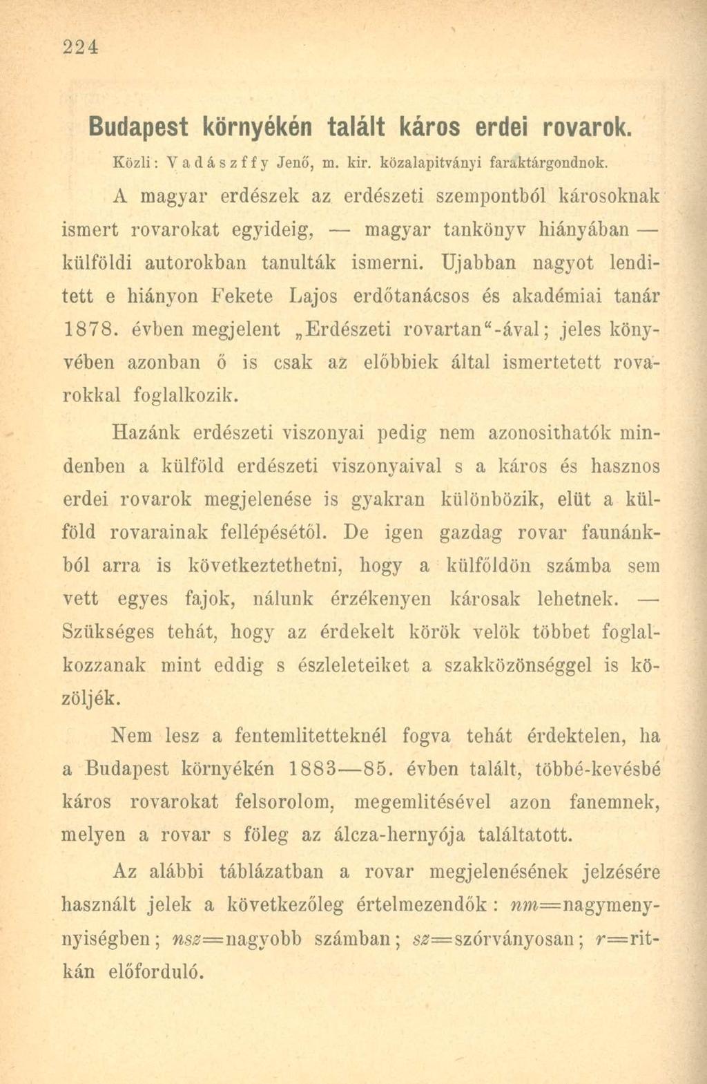 Budaest könyékén talált káos edei ovaok. Közli: Vadáffy Jenő, m. ki. közalaítványi faaktágondnok.