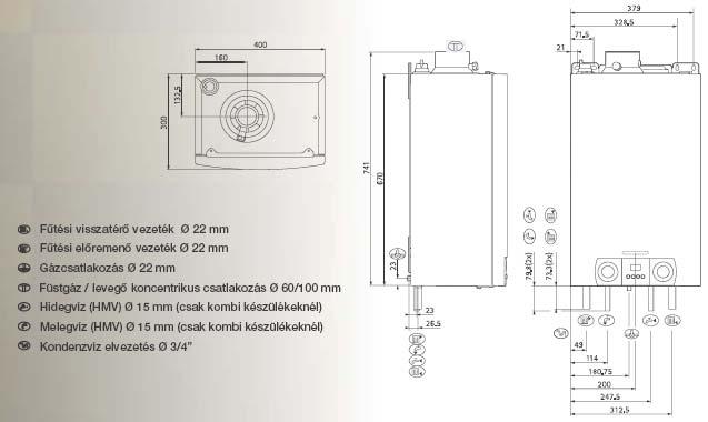 többletet jelent, amivel a kazán hatásfoka akár 109% hatásfokot is elérhet Helytakarékos megoldás: Kis méretű és a hozzáférést csak elölről igényli, ezért fal mélyedésben illetve szekrényben is