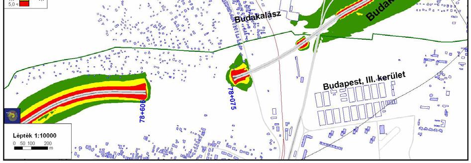 FEHÉR ZÖLD SÁRGA PIROS : zajterhelés több mint 5dB értékkel kisebb, mint a határérték, ezen a területen a zajterhelés messze nem közelíti meg határértéket, a zajterhelés alig észlelhet, : a