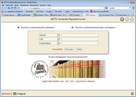 3. ábra Közös kereső a repozitóriumok számára Mit kell tudni az SZTE Contenta nevű repozitórium rendszeréről, összefoglalóan?
