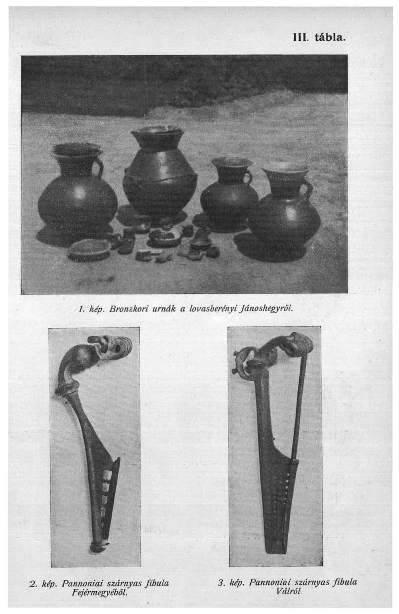 III. tábla. /. kép. Bronzkori urnák a lovasberényi Jánoshegyről. 2. kép. Pannóniai szárnyas fibula Fejérmegyéből.