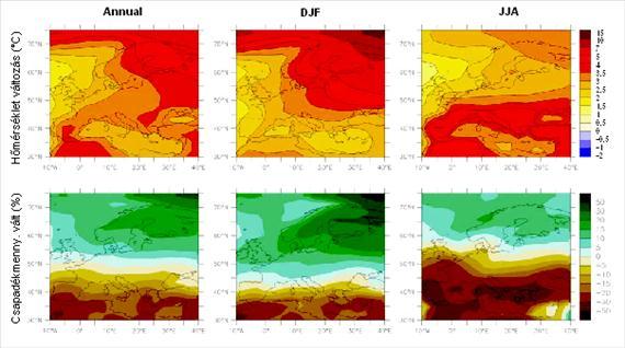 5.1 ábra A hőmérséklet (felső sor) és a csapadék (alsó sor) várható megváltozása 2080-2099-re az 1980-1999 évekhez képest, az A1B szcenárió szerint (20-20 éves átlagok eltérése). 5.