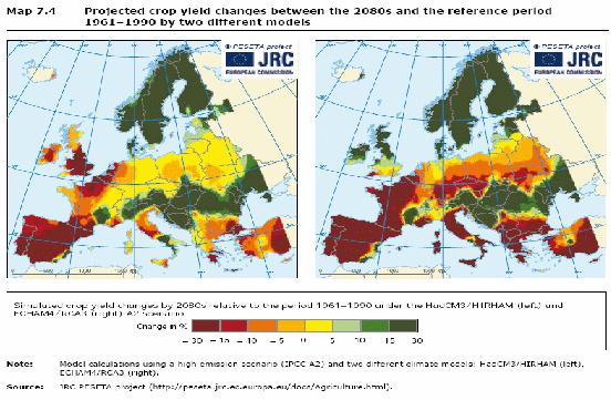 8.1 ábra: Két általános cirkulációs modell által előrejelzett éghajlatváltozás szerint 2080-ra várható (az adott területi bontás mellett nem specifikált növény-együttesre vonatkozó) termésváltozások,