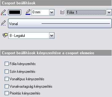 11. 2D elemek 1215 A csoporton belül az egyes rajzi elemek általános tulajdonságainak beállításakor (szín, vonalvastagság, vonaltípus) lehetőség van az úgynevezett Csoport tulajdonság beállítására is.