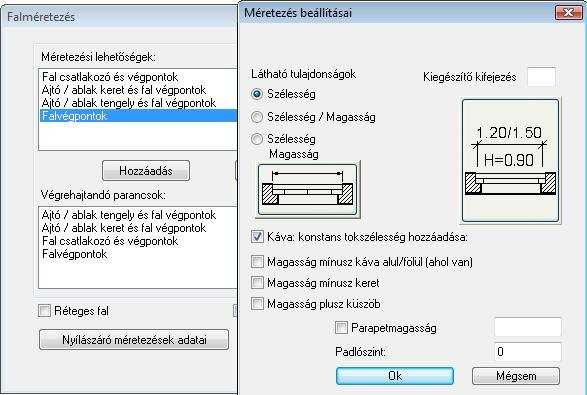 10. Méretezés 1053 Nyílászáró méretezések adatai A megjelenő párbeszédablakban lehetőség van beállítani, hogy az Ajtó / ablak keret és falvégpontok méretezés esetén a nyílászáró mely adatai