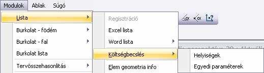 1282 12.2. Listák Ehhez három különböző lehetőséget kínál a program: Egyedi paraméterek Költség rendelhető az ARCHLine.