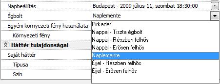 13 Fotórealisztikus megjelenítés és DirectX 1297 Napbeállítás Égbolt Megadhatja a Nap beállítást a valós földrajzi hely, az észak irány, a naptári nap és az időpont beállításával, vagy a nap