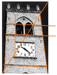 1432 15.6. Rekonstrukció- Fotogrammetria Vízszintesek megadása: Válassza ki a képet. Adjon meg egy, a valóságban vízszintes vonalat a fotón. Adja meg a vonal hosszúságát (a torony szélessége: 6 m.