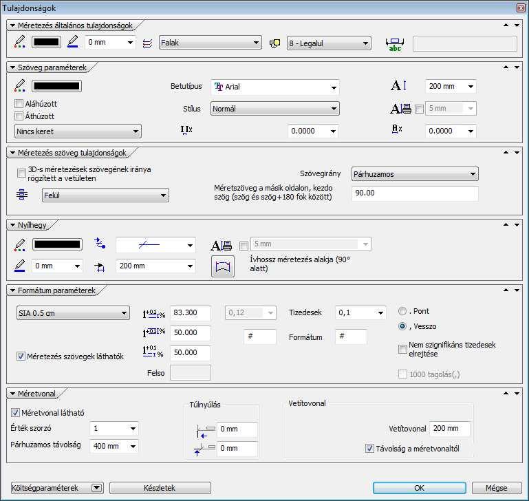 10. Méretezés 1039 A következő beállításokat adhatja meg: Méretezés általános tulajdonságok, szöveg, nyílhegy Szöveg paraméterek Formátum paraméterek 10.1.1. Általános