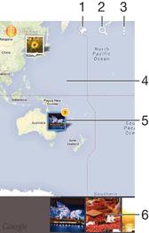 1 Helycímkével ellátott fényképek megjelenítése földgömb nézetben 2 Hely keresése a térképen 3 Menüparancsok megjelenítése 4 Dupla koppintás a nagyításhoz, csippentés a kicsinyítéshez.