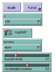 A progarm paramétereinek beállítására a baloldali gombsort használjuk. A Beallit gomb létrehozza a az n listáról kiválasztott számú oszcillátort, és kezdő fázisukat véletlenszerűen állítja be.