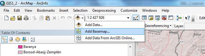 Open Street Map, stb.) helyezkednek el. Tematikus térképeinkhez alaptérkép (Basemap) hozzáadására akkor nyílik lehetőség, ha azok georeferáltak, vagyis van vetületi rendszerük.