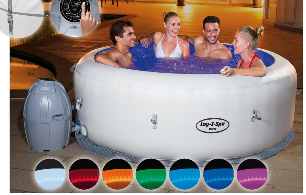 SPA POOL PARIS felfújható masszázsmedence hangulatvilágítással Méret: 196x 66 cm Telepítése rendkívül gyors és egyszerű Üzemi feszültség: 220V/50Hz, 2050W A szett tartalma: szűrőberendezés (1325