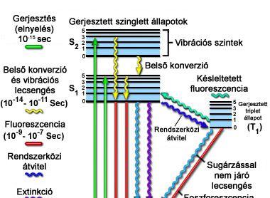 Fluoreszcencia, foszforeszcencia Fluoreszcens: spin váltás nélkül egyszerűbb mechanizmus,