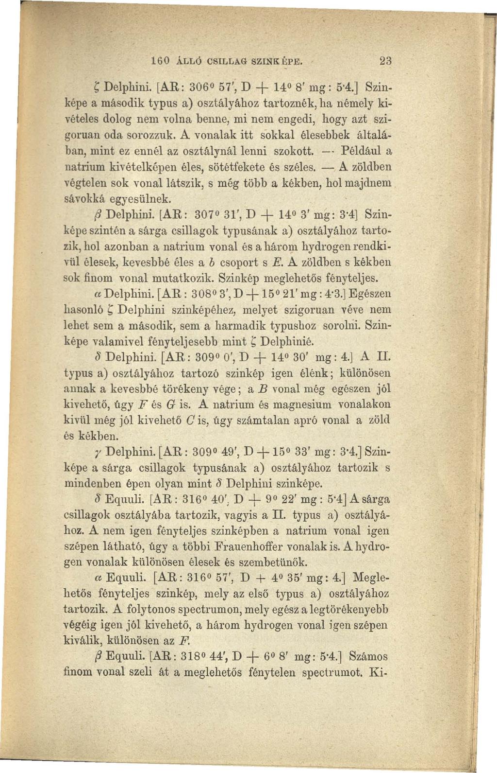 160 ÁLLÓ CSILLAG SZINK ÍO:PE. 23 /; Delphini. [AR: 3060 57', D + 140 8' mg: 5 4.